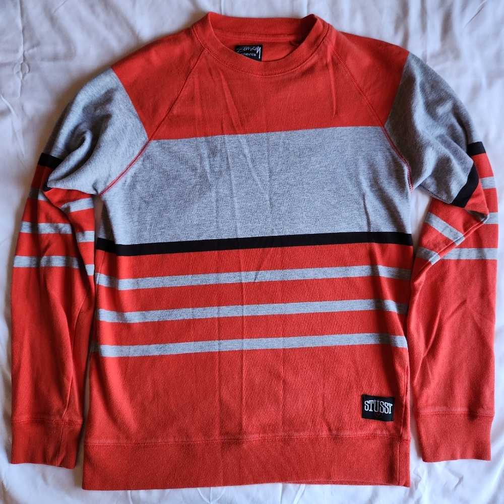 Stussy Authentic Striped Red Grey Men's Med Crew Neck Cotton Sweatshirt Sweater